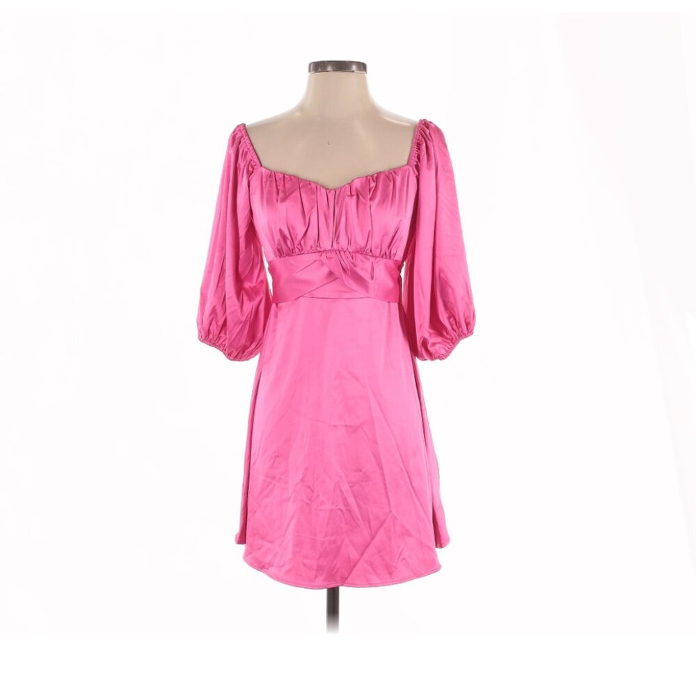 Double Crazy Hot Pink Puffed Sleeve Ruched Waist Satin Mini Dress - Size Small - Picture 2 of 8